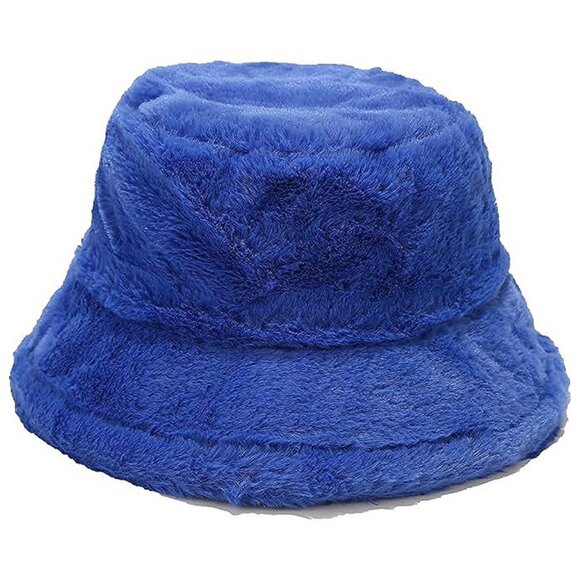 Accessories - Winter Faux Fur Fuzzy Bucket Hat Fluffy , Plain Blue